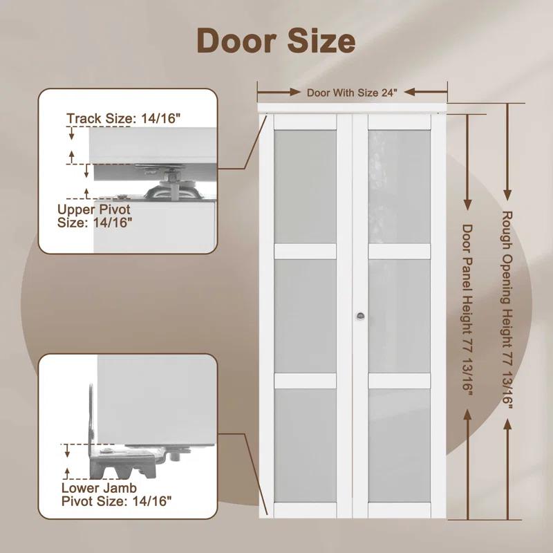 EASELIFE Frosted Glass And Solid Manufactured Wood Bi-Fold Door With Installation Hardware Kit