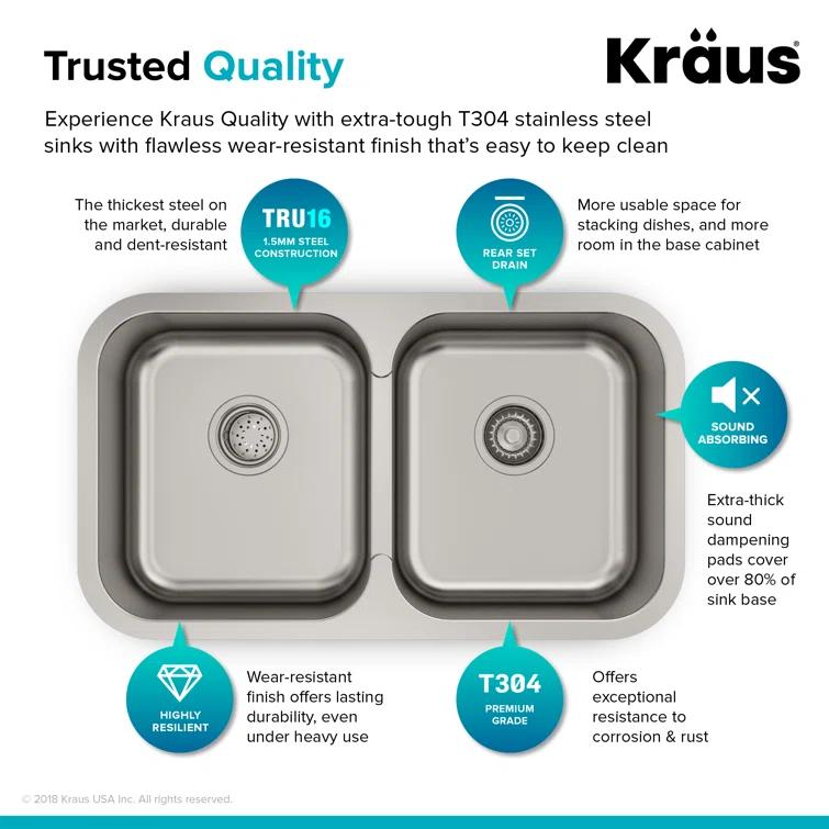 Kraus KRAUS Premier 32-inch L 18 Gauge Undermount 50/50 Double Bowl Stainless Steel Kitchen Sink KBU29