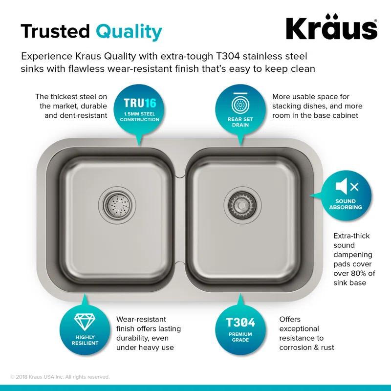 Kraus KRAUS Premier 32-inch L 18 Gauge Undermount 50/50 Double Bowl Stainless Steel Kitchen Sink KBU29
