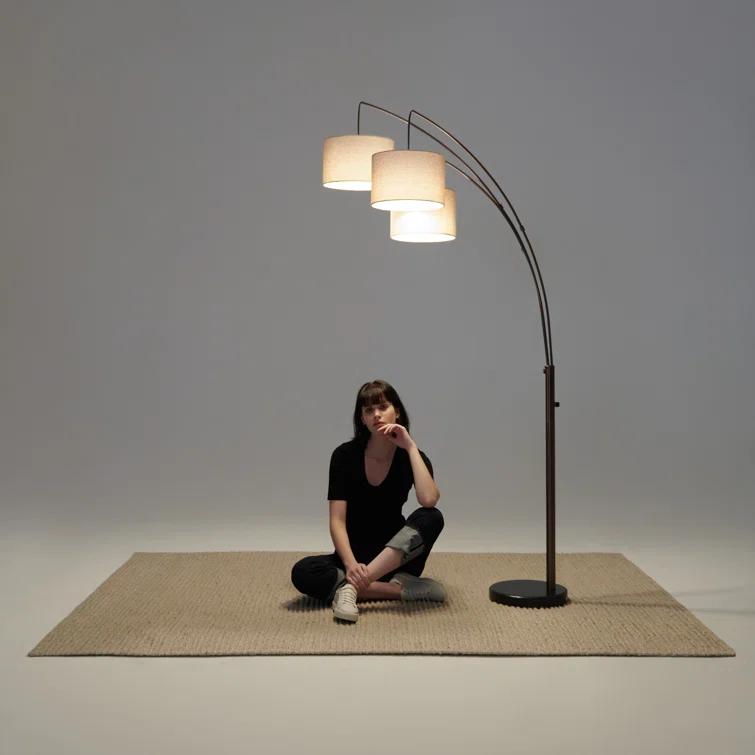 Brightech Trilage 84 in. Mid-Century Modern 3-Light Adjustable LED Arched Standing Floor Lamp with 3 Fabric Drum Shades