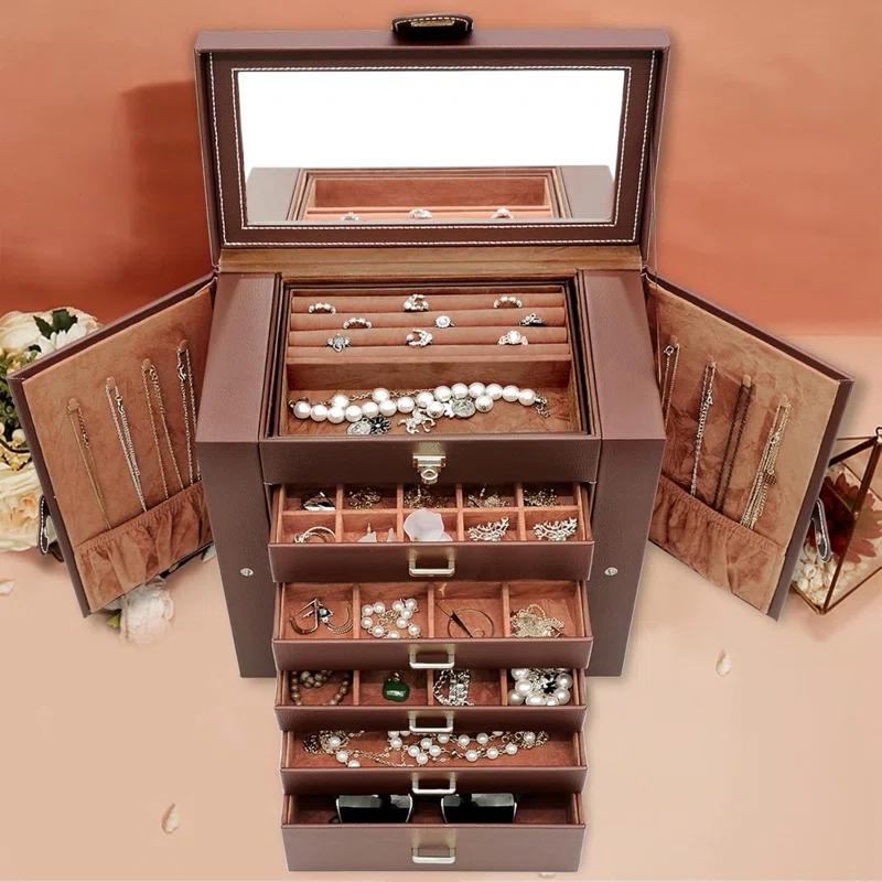 Rosdorf Park Extra Large 6-Tier Jewelry Box Organizer With Mirror, 5 Drawers Leather Jewelry Storage Case Ring Necklace Earring Bracelet Brown