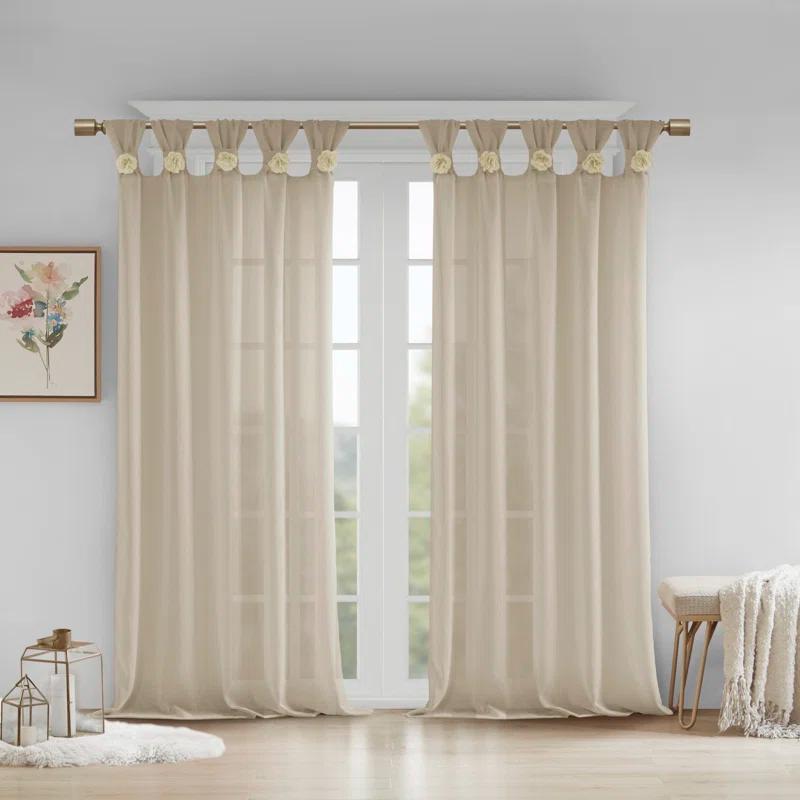 Madison Park Rosette Floral Embellished Cuff Tab Top Solid Single Curtain Panel