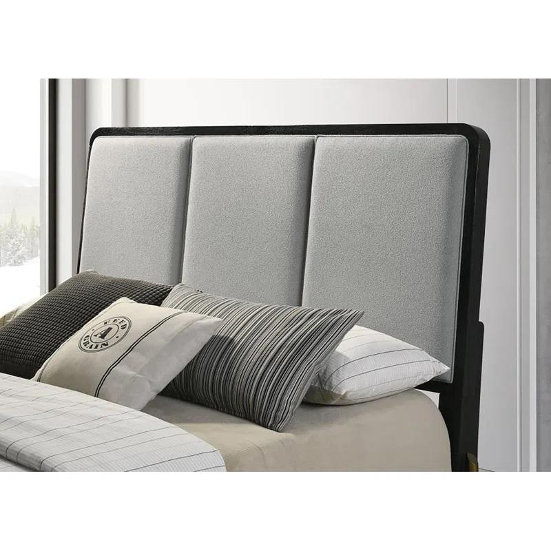Benjara Fij Bed, 3 Block Panel Headboard, Slim Legs