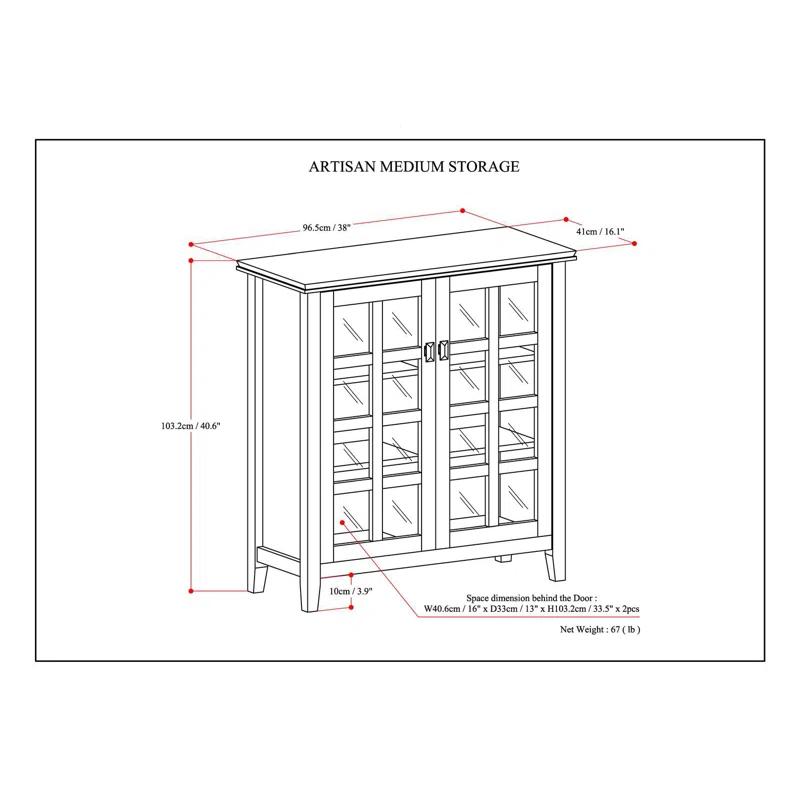 Simpli Home Artisan 38"W Solid Wood 4-Shelf Medium Storage Cabinet with Glass Doors and Adjustable Shelves