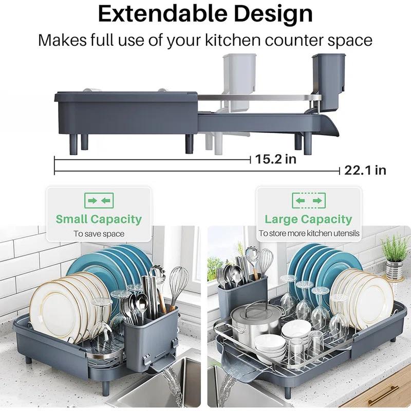 Anadea Dish Drying Rack, Expandable Dish Rack For Kitchen Counter, Stainless Steel Dish Drainer With Drainboard Set And Utensil Holder