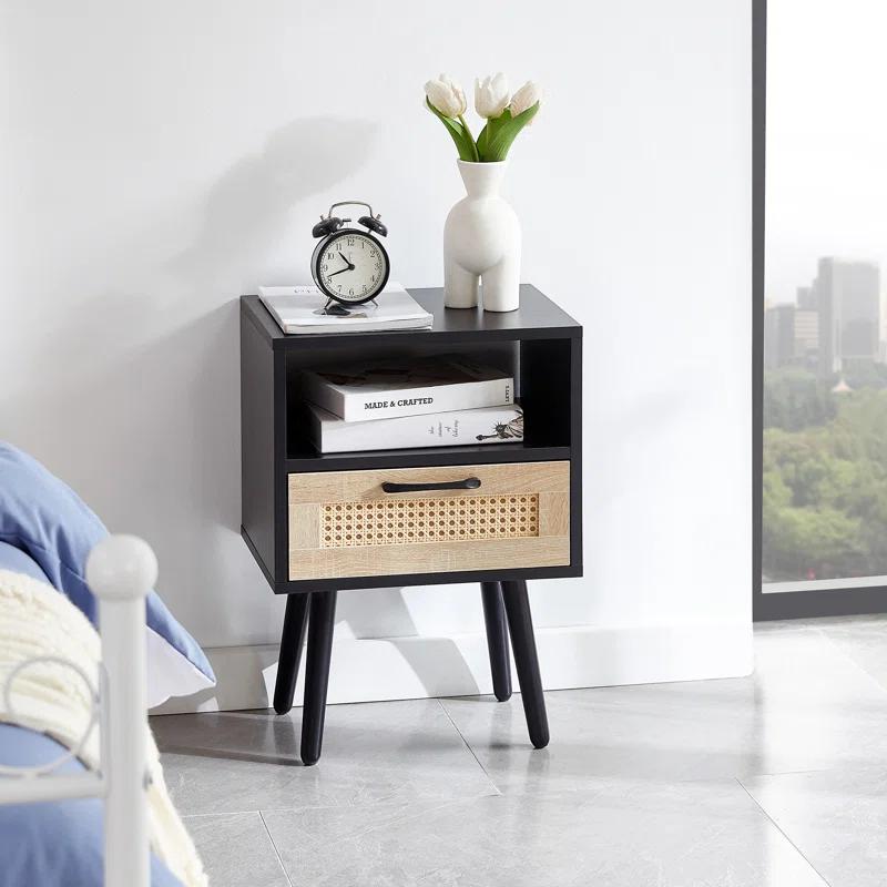 Corrigan Studio® 15.75 Rattan End Table Drawer Solid Wood Legs Modern Nightstand Side Table Living Room Bedroom Black