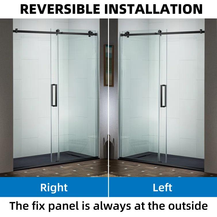 WoodBridge Semi-Frameless Single Sliding Shower Doors, 56-60" W X 76" H With 5/16" Clear Tempered Glass And Explosion-Proof Film MSDF6076-MBL