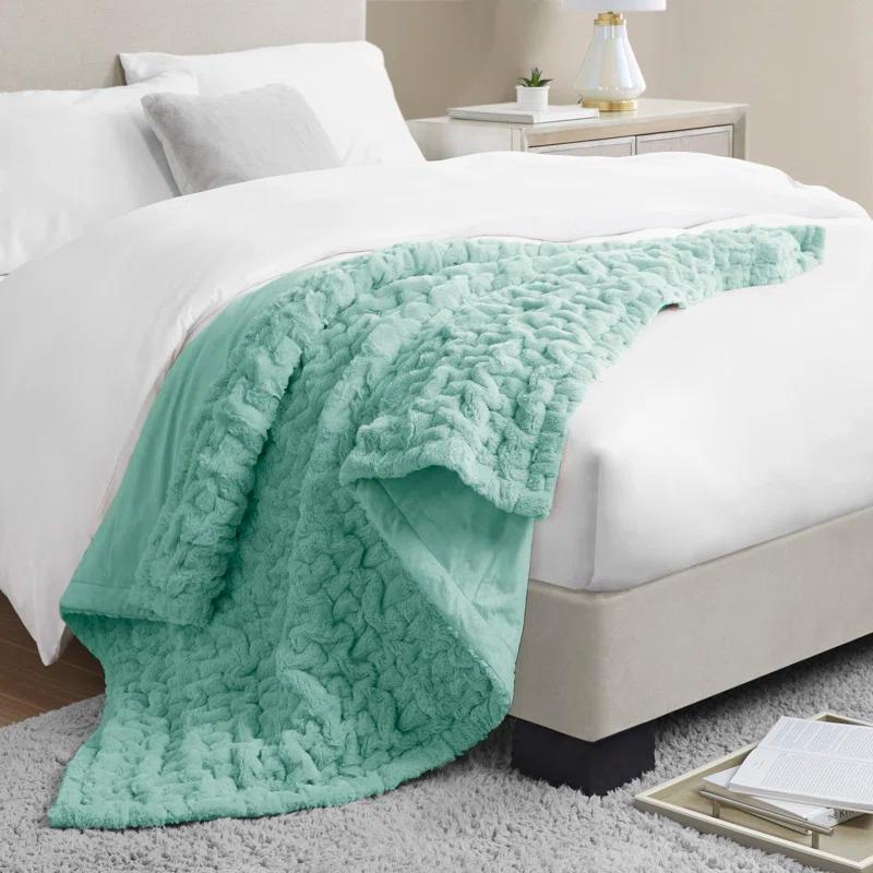 Madison Park Aqua Ruched Fur Throw 50x60"
