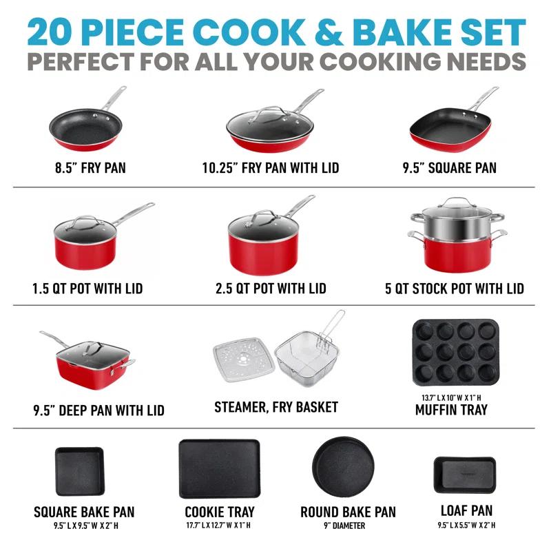 Granitestone Blue 20 Piece Aluminum Non Stick Cookware & Bakeware Set with Ultra Nonstick Surface, Oven & Dishwasher Safe