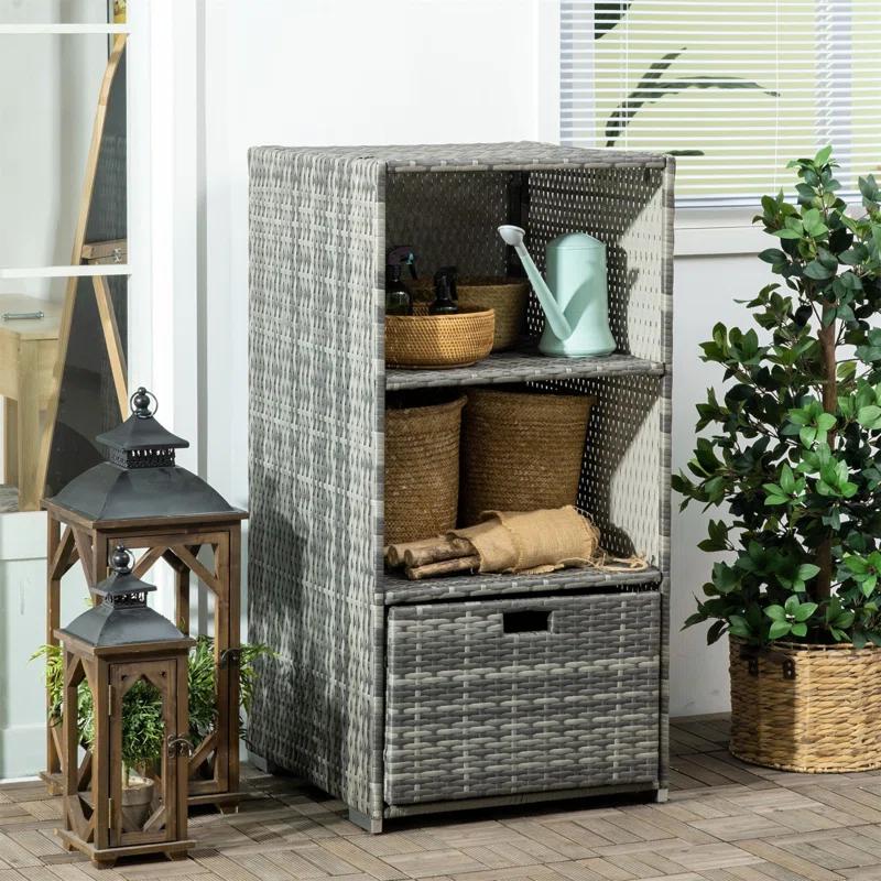 Tryimagine Outsunny Valet Pool Towel Rack, Waterproof PE Plastic Rattan Wicker Storage Organizer, Indoor Outdoor Spa, And Hot Tub Accessory Storage, 2 Shelves, 1 Basket Drawer