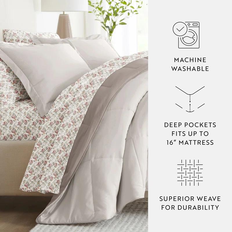 IEnjoy Home 7-Piece Reversible Bedding Bundle - Solid Comforter and Patterned Sheet Set