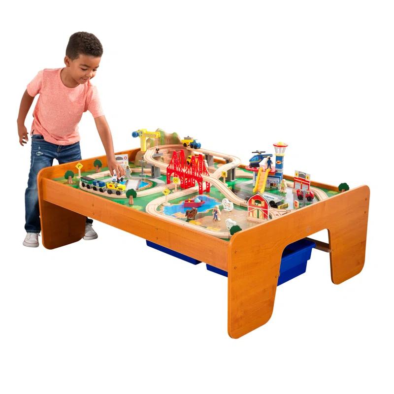 KidKraft Ride Around Town Wooden Train Set And Table With Storage Bins And 100 Pieces, Honey