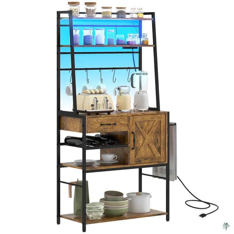 17 Stories Baker's Rack With Power Outlet And LED Lights Bar With Storage Shelves,Industrial Microwave Stand With Wine Bottle Rack,Drawer,Barn Door Cabinet