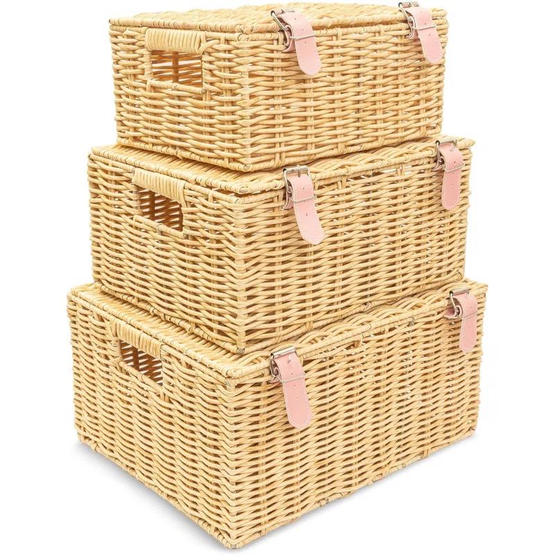 Bayou Breeze Wicker Baskets For Storage , Stackable Wicker Basket With Lid Set Of 3 – Wicker Baskets For Organizing Clothes, Toys, Books, Woven Storage Baskets For Nursery, Bedroom, Bathroom Decor