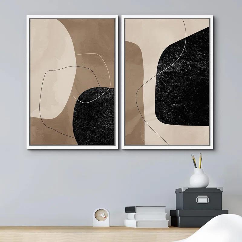 Mid Century Shape "Brown And Black Abstract Neutral Line Chic Framed Canvas Print 2 Pieces Wall Art