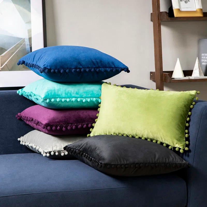 Phantoscope Velvet Pompom Collection Tassels Reversible Throw Pillow (Set of 2)