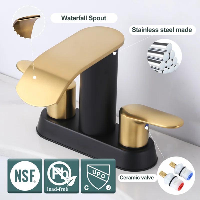 Aleasha 4-inch Centerset Double Handle Waterfall Bathroom Sink Faucet with Pop-up Drain Kit AL-2C69GB