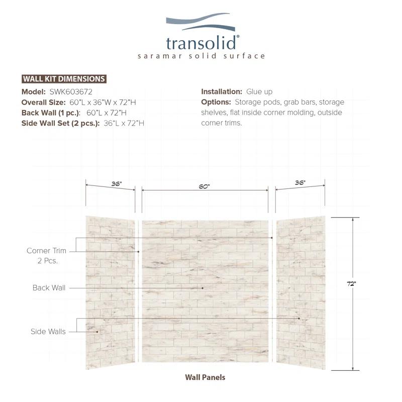 Transolid SaraMar 60'' W 36'' D 72'' H Glue Up Solid Surface Wall