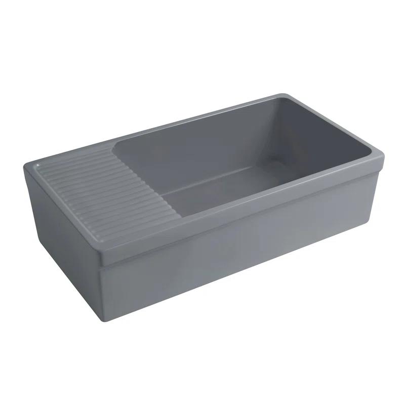 Whitehaus Collection WHQD540-M-CEMENT Whitehaus Collection 36” Single Bowl Fireclay Kitchen Sink: Integral Drainboard, Lip Front Apron