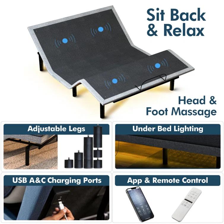 Renanim Sf Adjustable Bed With 14" Hybrid Mattress Included Massage, Usb, Underbed Light, Wireless Remote & App Control