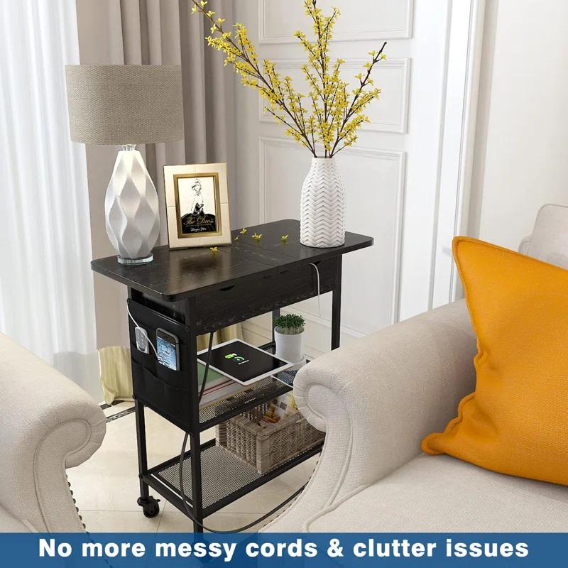 Slim Side Table With Wheels, USB Ports And Outlets, Rolling Narrow End Table With Charging Station And Bag, Flip Top Nightstand With Hidden Storage Shelves For Living Room Bedroom Small Spaces