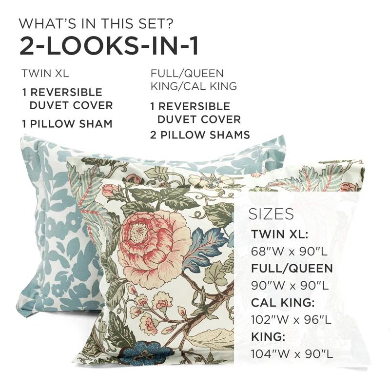 Green/Blue Standard Cotton Reversible 3 Piece Duvet Cover Set