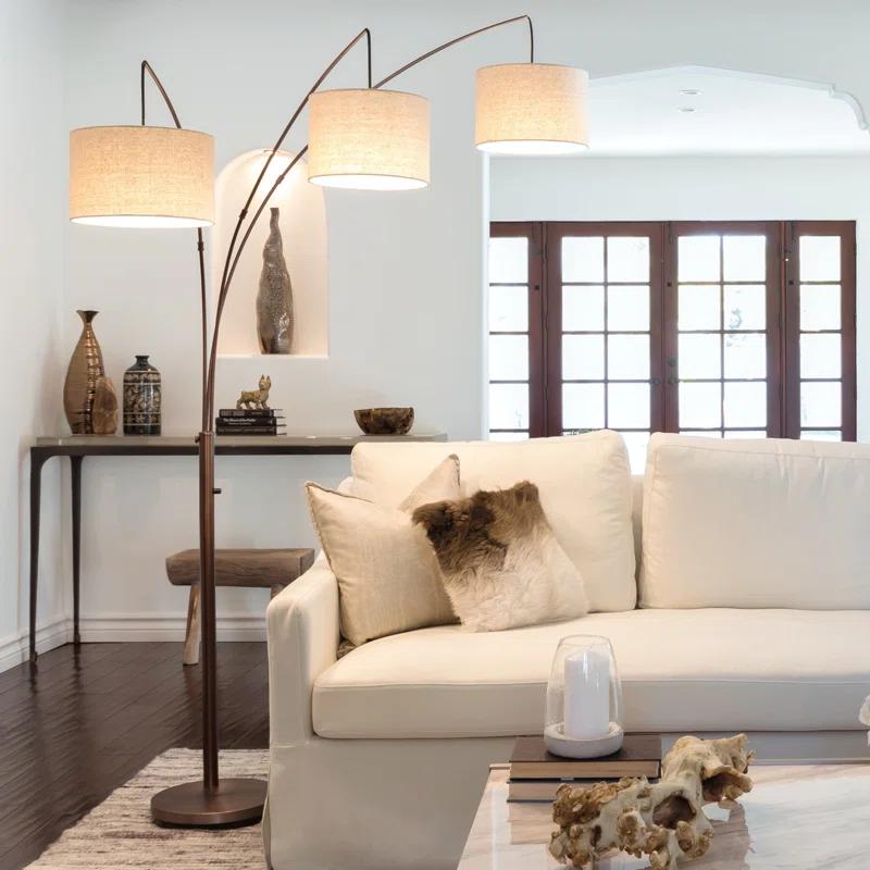 Brightech Trilage 84 in. Mid-Century Modern 3-Light Adjustable LED Arched Standing Floor Lamp with 3 Fabric Drum Shades