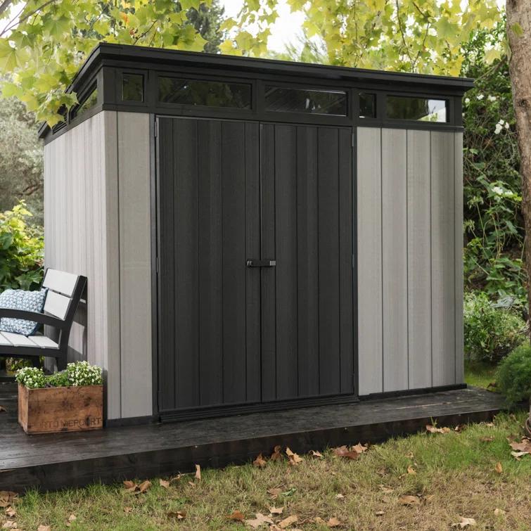 Keter Keter Artisan 9x7 ft. Modern Durable Resin Outdoor Storage Shed With Floor and Double Doors for Garden Patio Furniture and Tools, Grey