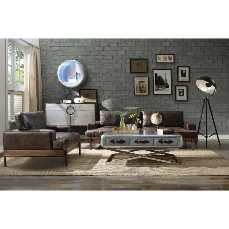 95" Silchester Sofa Distress Chocolate Top Grain Leather and Oak Finish - Acme Furniture