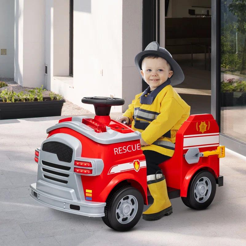 Qaba Qaba 12V Ride on Fire Truck with Siren, Lights, Soft Start, Horn Music, Red