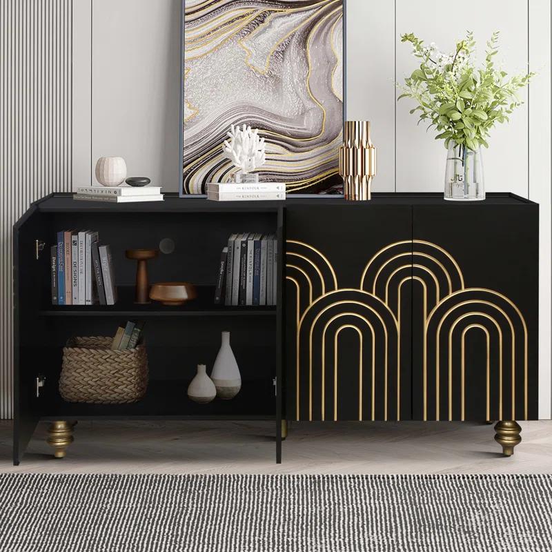 Black MDF 4-Door Storage Cabinet with Adjustable Shelves