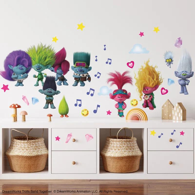 Room Mates Trolls 3 Band Together with Glitter Wall Decals