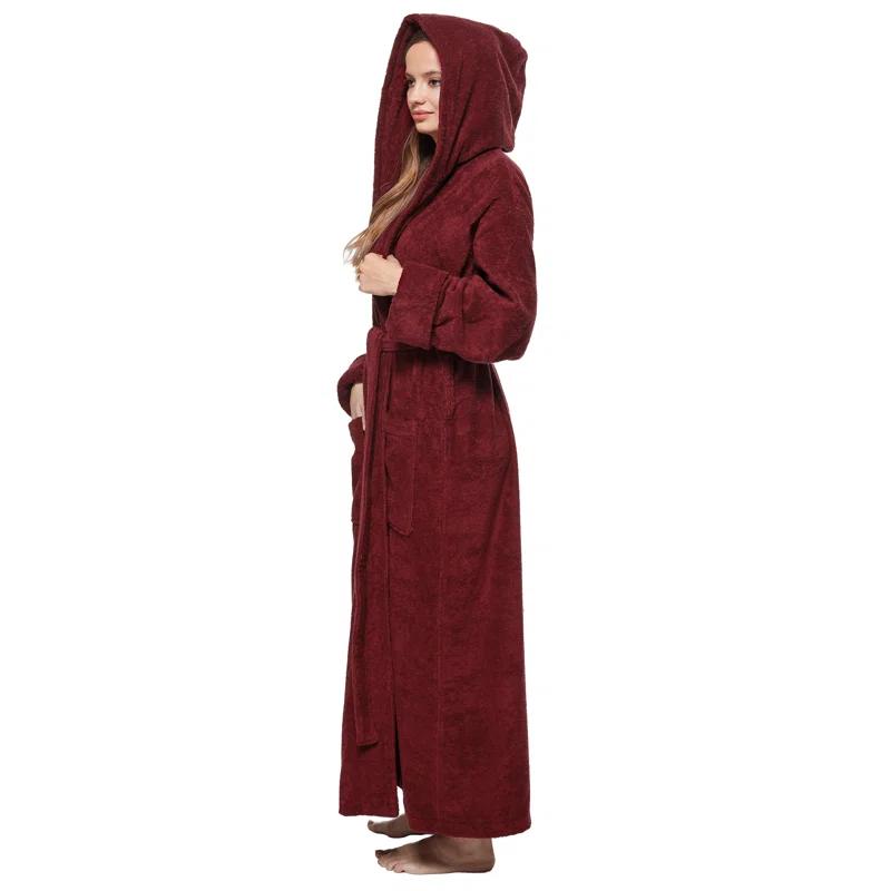 Red Barrel Studio® Hovis Cotton Terry Cloth Ankle Bathrobe with Pockets and Hood