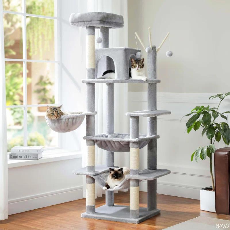 69" Tall Cat Tree Large Cat Tower With Super Big Hammock, Scratching Posts, Condo House And Large Top Perch
