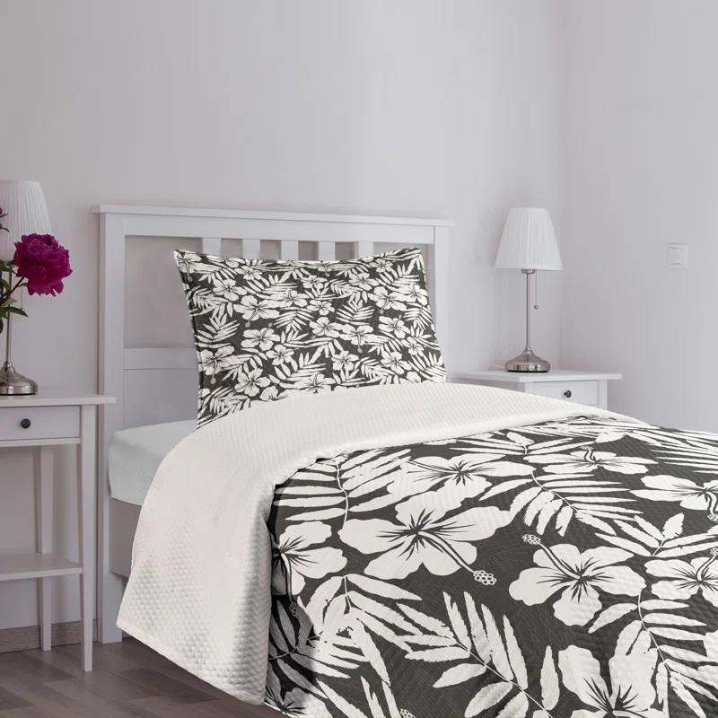 Ambesonne Ambesonne Tropical Bedspread Set Exotic Hibiscus Flower Grey and White