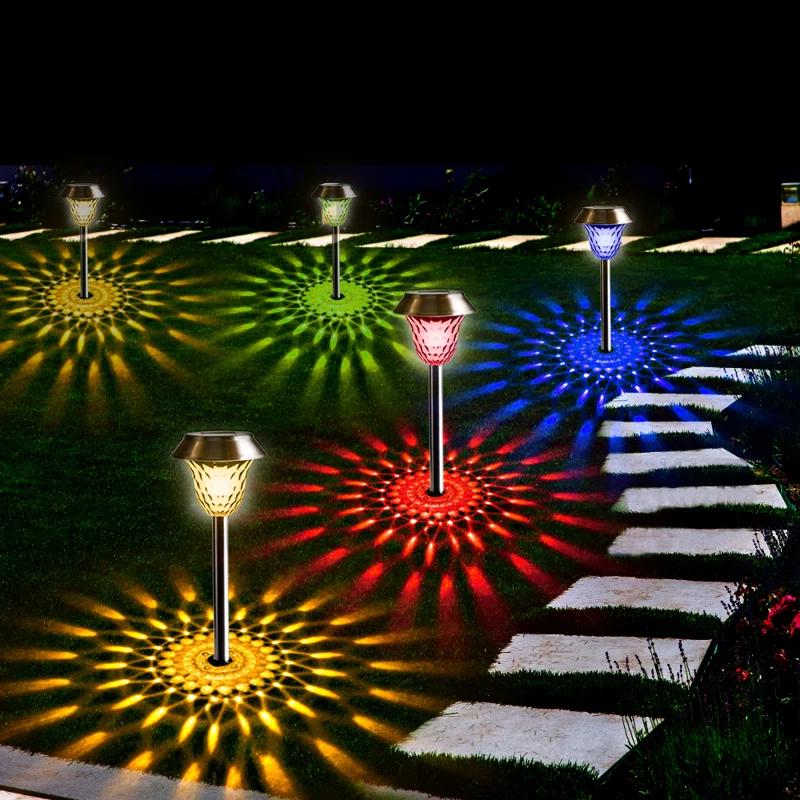 Shenzhen Jinhongxiang Energy Technology Co., Ltd 4pcs Solar Powered Stainless Steel Warm White/rgb Color-changing Garden Lawn Lights, Outdoor Waterproof Led Yard Stakes Landscape Pathway Walkway Decorative Lights, Light Sensing Automatic Switch