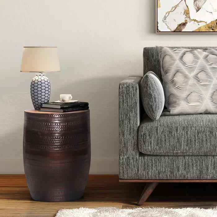 Simpli Home 15"W Metal Boho End Table with Drum Design and Textured Finish, Assembled