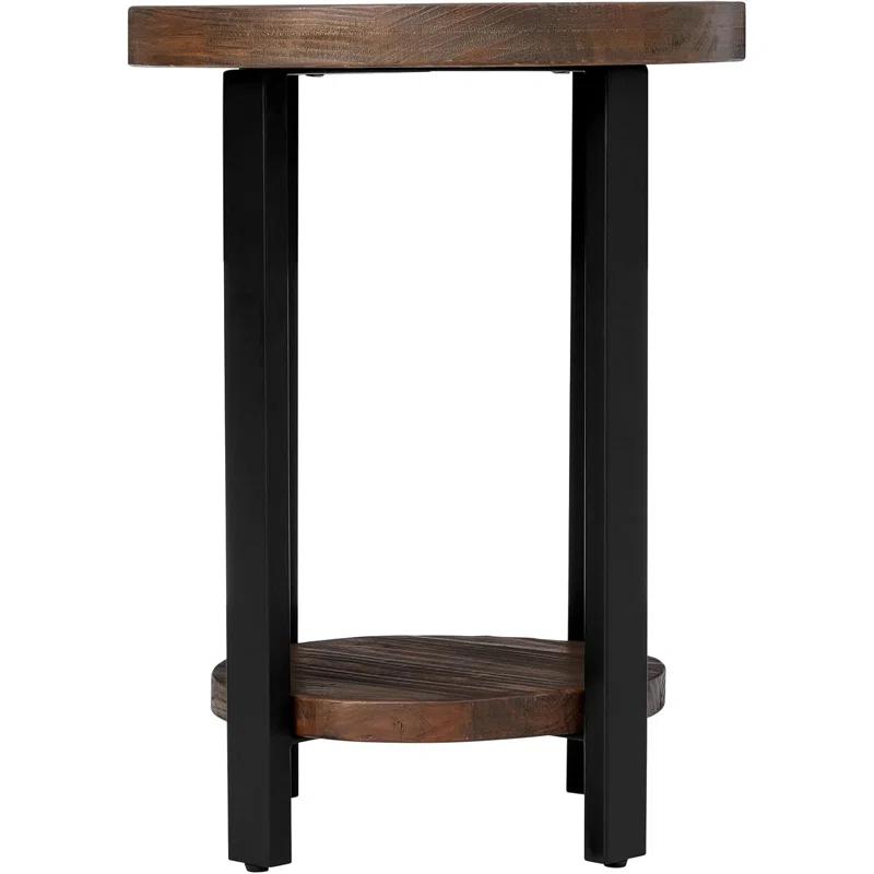 17 Stories Alaterre Pomona Round End Table With Solid Wood Top, Metal Legs, And Dual Shelves For Rustic Living Room Furniture