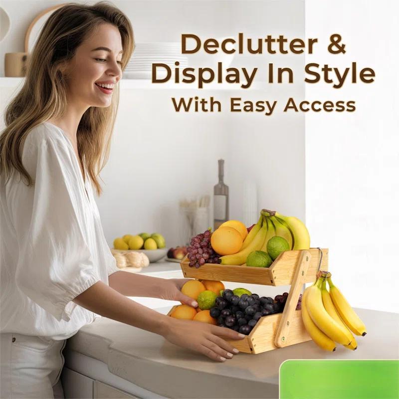 Foundry Select Fruit Basket W/Banana Hanger, 2-Tier Bamboo Fruit & Vegetable Storage Organizer For Kitchen Counter, Lightweight & Easy Assembly Countertop Fruit Stand Holder Bowl