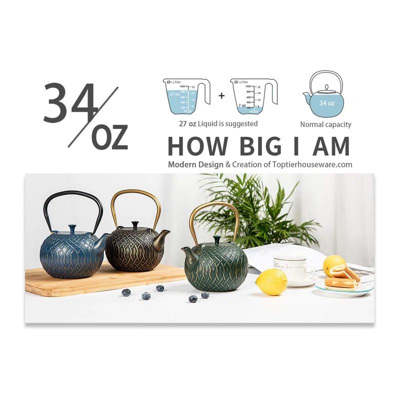 Lark Manor™ Tea Kettle,Cast Iron Tea Kettle For Stove Top, Stovetop Safe Teapot With Infusers For Loose Tea, 34 Ounce (1000 Ml), Dark Green Melody