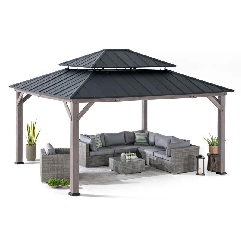 Sunjoy Sunjoy 13 x 15 ft. Wood Gazebo, Outdoor Patio Steel Hardtop Gazebo, Cedar Framed Wooden Gazebo with 2-Tier Metal Roof, Suitable for Patios, Lawn and Backyard