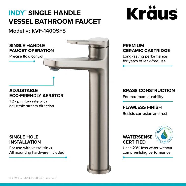 Kraus Indy Single Hole Bathroom Faucet (Set of 2) KVF-1400SFS-2PK