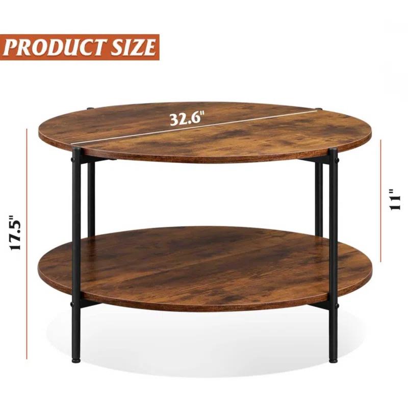 Round Coffee Table For Living Room, 32.6" Circle Coffee Table With Open Storage Shelf, 2-Tier Industrial Round Wood Center Table For Bedroom, Home Office, Rustic Brown