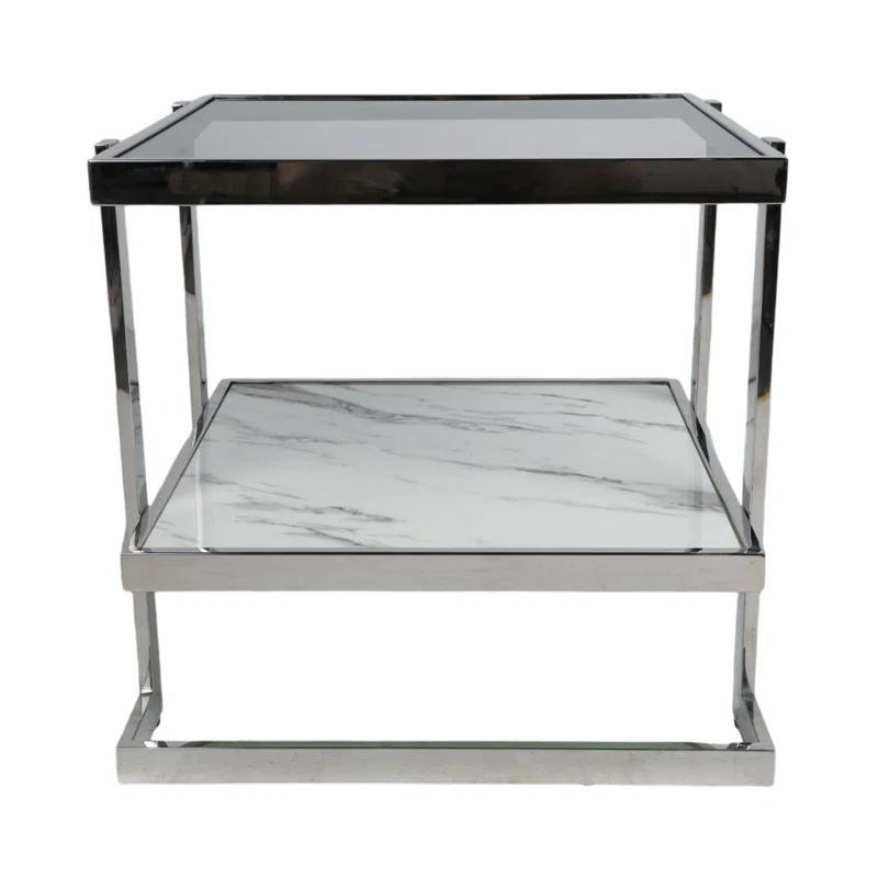 Mercer41 Atli Modern 24" Accent Table with Marble-Look Top, Glass Shelf & Gold Metal Geometric Frame for Living Room or Bedroom