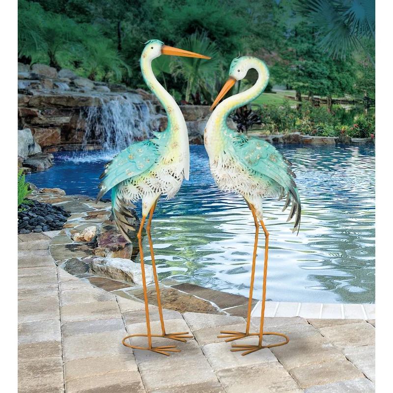 Coastal Blue and White Metal Heron Garden Sculpture