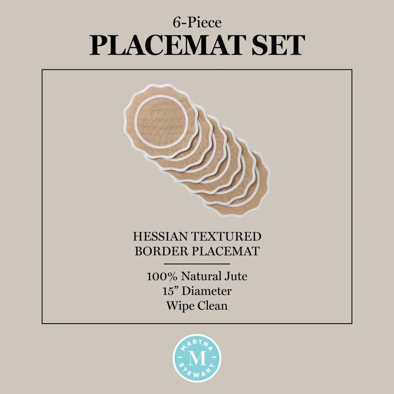 Martha Stewart MARTHA STEWART Hessian Textured Wedge Border Placemats 6-Pack Set 15”x15” Round (Set of 6)
