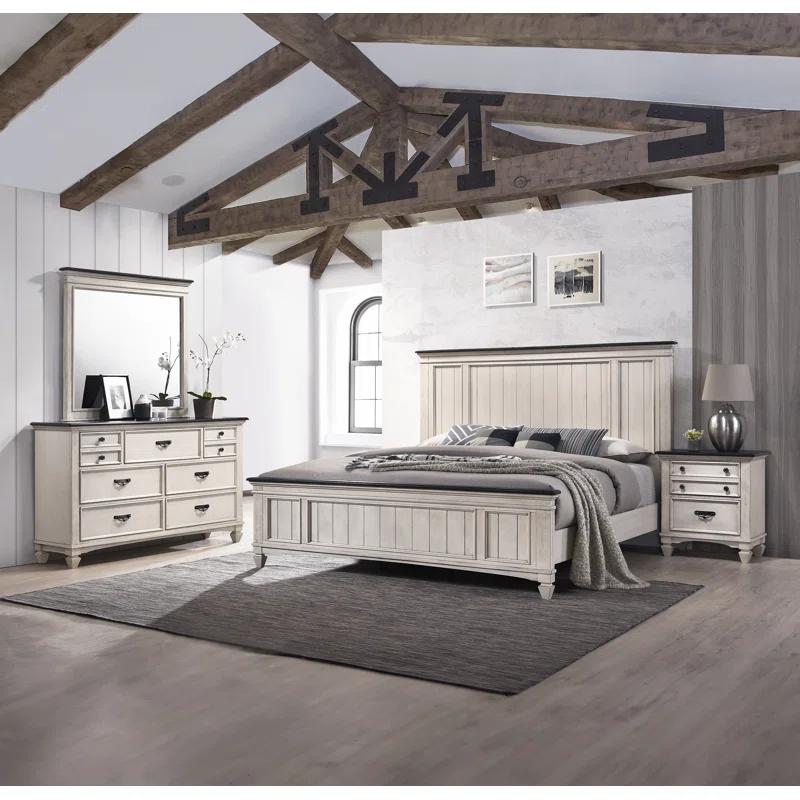 Rosalind Wheeler 1Pc Rustic Industrial Style Brown Finish Queen Size Panel Bed W Built In Bench Footboard Solid Wood Wooden Bedroom Furniture