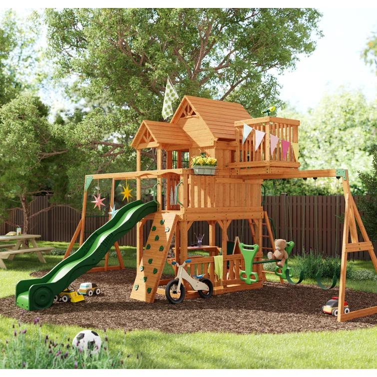 Backyard Discovery Backyard Discovery Skyfort II Cedar Wood Swing Set with Wave Slide, Clubhouse, Crow's Nest, and Monkey Bars