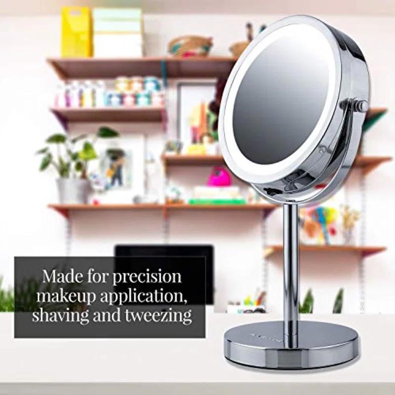 Ovente OVENTE 6" Lighted Makeup Mirror with 1X/7X Magnification, Cordless Tabletop Mount Vanity Round Mirror with 360° Swivel Design and Double Sided Cool Tone LED Ring Light, Nickel Brushed MLT60BR1X7X