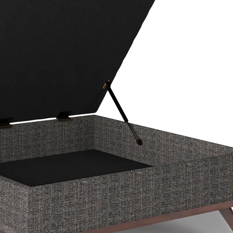 Simpli Home Owen 36"W Upholstered Square Coffee Table Storage Ottoman with Lift Top and Solid Wood Legs